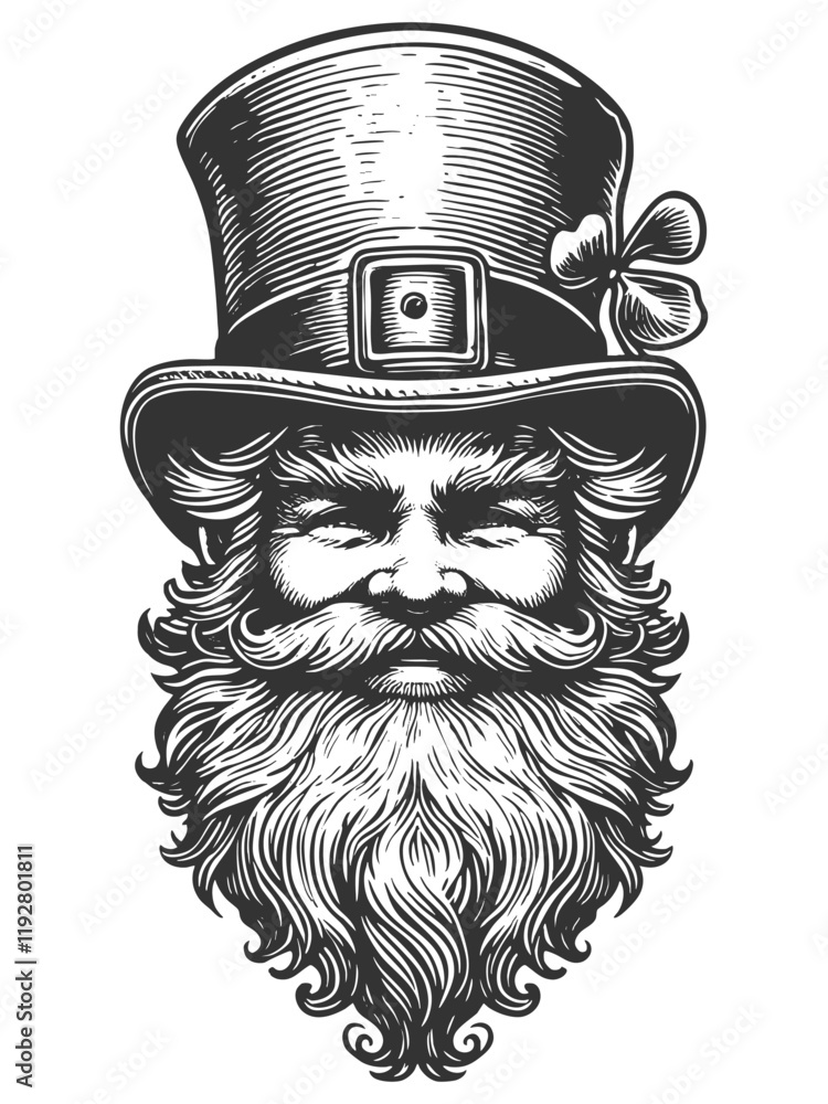 Poster leprechaun with a long beard, wearing a tall hat adorned with a shamrock symbol sketch engraving gen