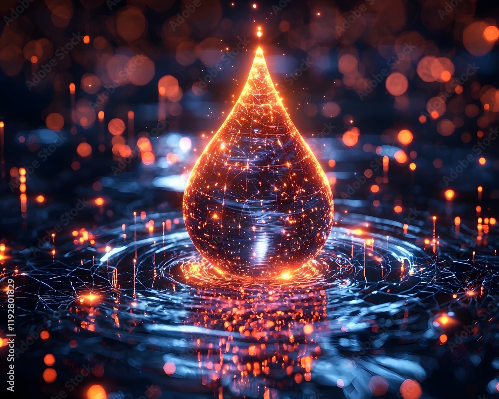 Poster a futuristic glowing water drop in a digital environment surrounded by holographic data and energy s