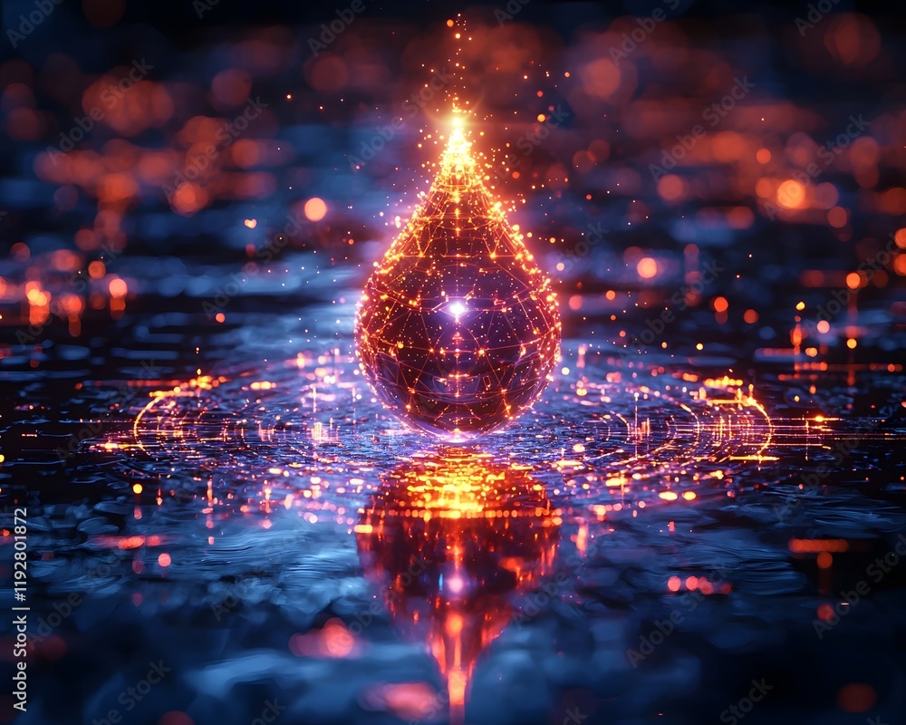 Poster futuristic glowing water drop concept in digital environment with holographic data streams