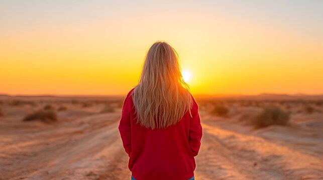 Woman watches desert sunrise; scenic road ahead; golden hour light; tranquil travel scene; perfect for travel blogs and tourism websites