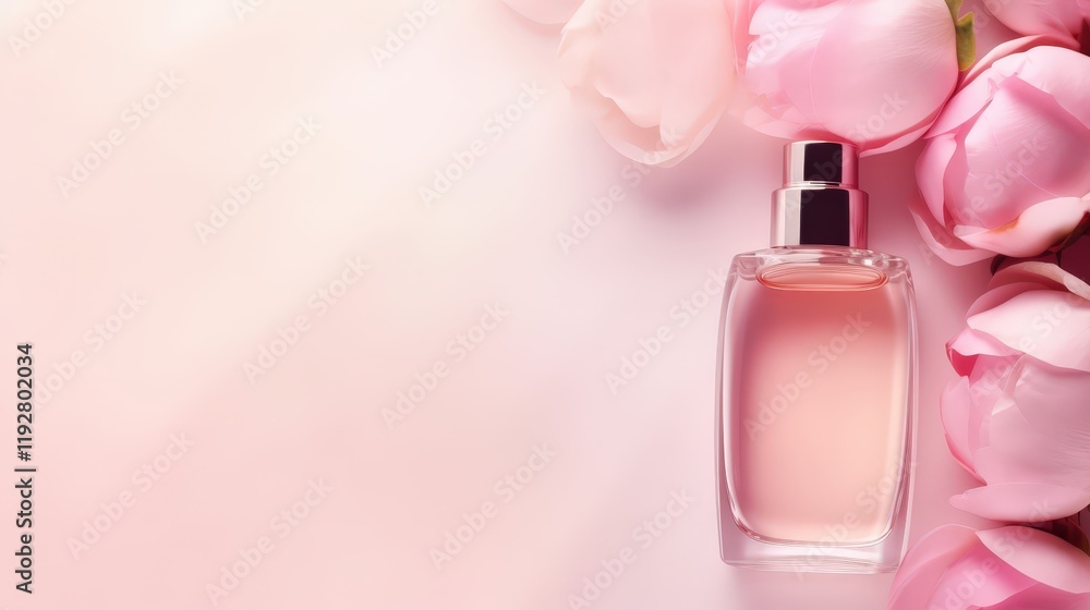 Poster minimalistic composition of perfume bottle surrounded by pink tulips on soft background for elegant 