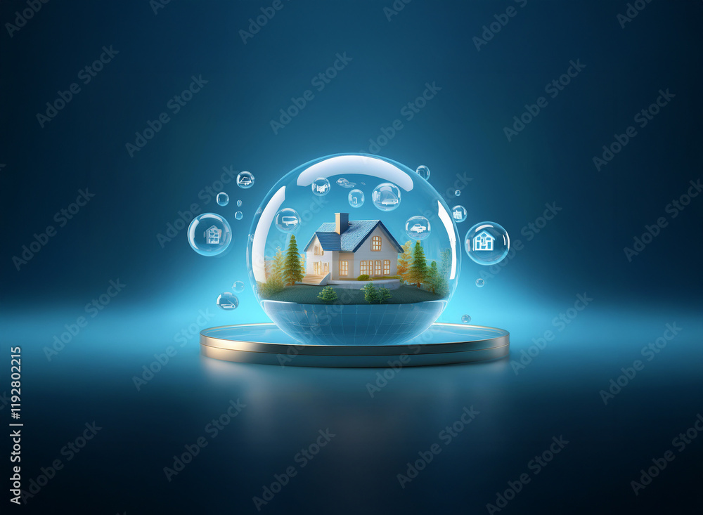 Aufkleber A miniature house sits inside a transparent sphere, surrounded by smaller bubbles containing various icons, representing a secure and protected smart home environment.