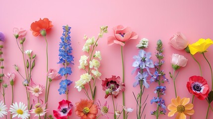Obraz premium A row of various colorful flowers against a pink background.