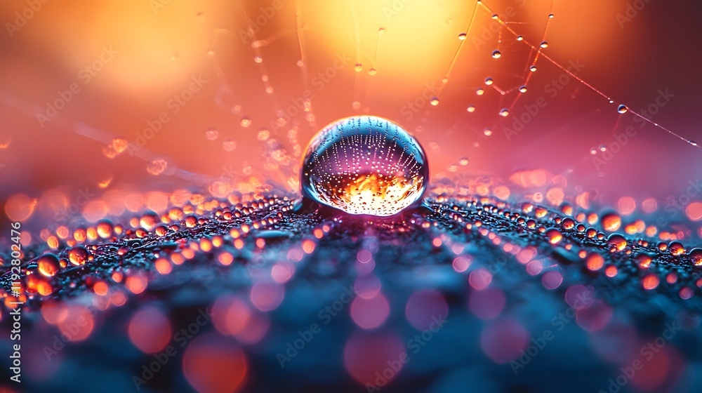 Aufkleber miniature spectrum refracting through delicate water drop on spider web