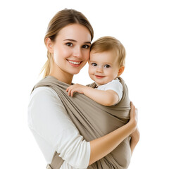 Smiling young mother with her child in sling isolated on transparent background