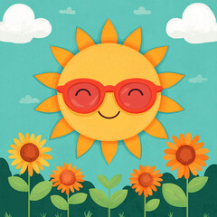 Fototapeta premium Happy Sun with Sunglasses and Sunflowers Field