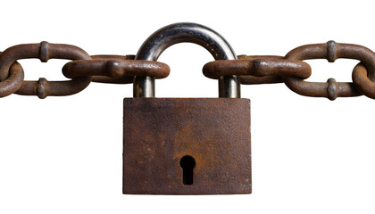 Close-up of a corroded padlock and metal chain, symbolizing security, barrier, or tension. Isolated on white background