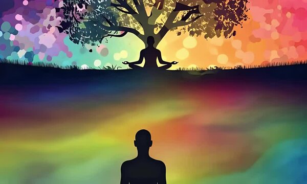 Silhouette of a Buddha meditating in lotus pose with a glowing aura, set against a cosmic background. Perfect for themes of yoga, spirituality, and energy balance.