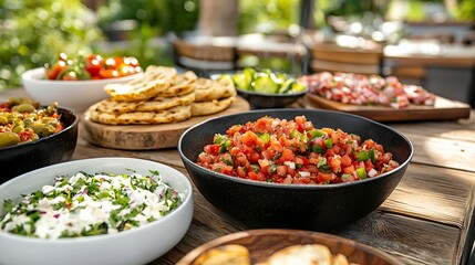 Fototapeta premium Pickle de gallo. A vibrant spread of fresh dishes, including salsas, tortillas, and salads, perfect for outdoor dining and gatherings.