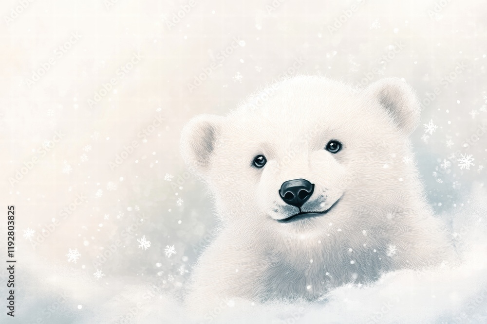 Poster cute illustrated polar bear cub smiling in soft snowy environment with falling snowflakes during win