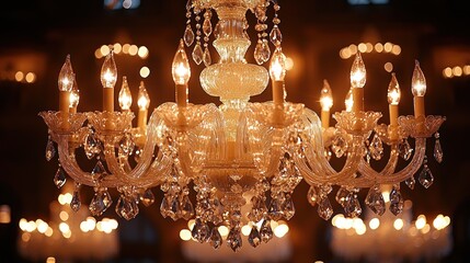 Elegant crystal chandelier illuminated with warm light in a grand hall, creating a luxurious ambiance
