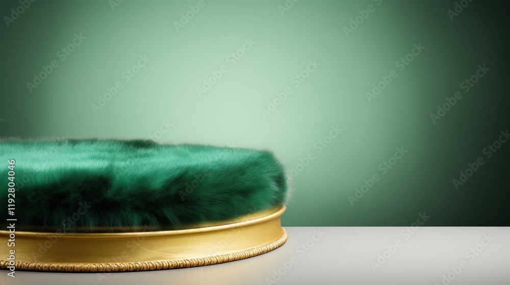 Poster empty round podium with green fur texture on a solid background for presentations and displays