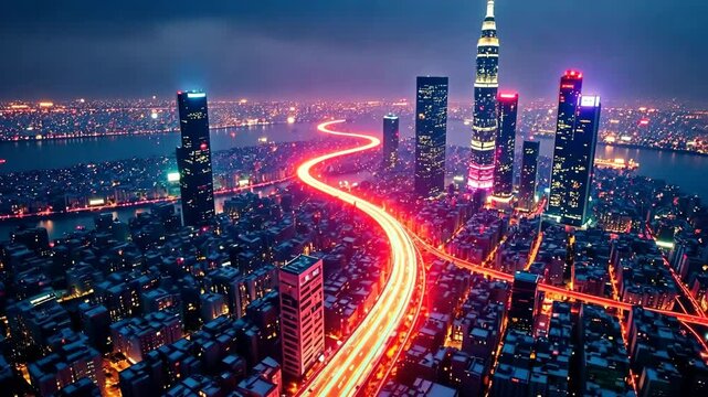 Amazing night landscape of the city with skyscrapers, flying a drone through the streets, with blurred lights from cars. A fictional city on fire. Generative 4k video