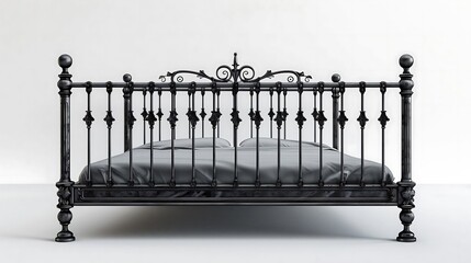 Naklejka premium A bed frame is a sturdy structure designed to support and elevate a mattress, serving both functional and aesthetic purposes in a bedroom. Typically crafted from materials like wood, metal, or a combi