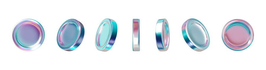Holographic coins 3D set. Metal realistic holographic shape, design elements, icons, buttons isolated on white
