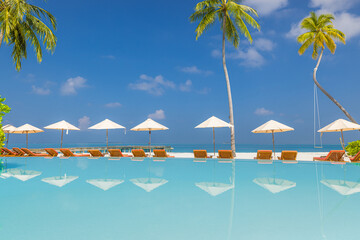 Amazing landscape, swimming pool blue sky with clouds. Tropical resort hotel in Maldives. Fantastic relaxing peaceful vibes, chairs, bed under umbrellas and palm tree leaves. Luxury vacation tourism