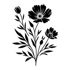 "Black and White Floral Drawing with 'Flowers' Text – Minimalist Flower Artwork"