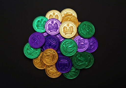A pile of shiny Mardi Gras doubloons in vibrant purple, green, and gold, symbolizing the festive spirit of the carnival celebration