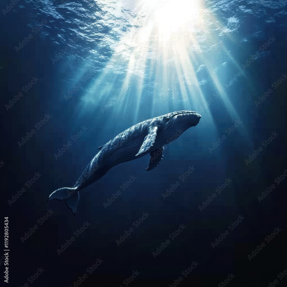 Poster humpback whale swimming gracefully in deep ocean waters illuminated by sunlight. generative ai