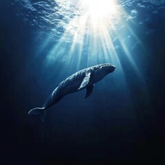 Humpback whale swimming gracefully in deep ocean waters illuminated by sunlight. Generative AI