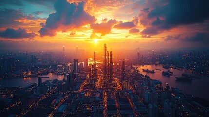 Obraz premium A stunning sunset over a bustling city skyline, with skyscrapers reflecting golden light on the river