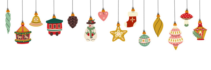 banner Christmas balls. Soviet toys. A banner for the decoration of a Christmas tree, Christmas balls on a white background. Snowman, star, bell. The holiday decoration template. Horizontal