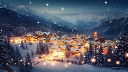 Fototapeta premium Beautiful Christmas Card Template Featuring a Realistic Snowy Village Scene with Twinkling Lights and Snowflakes Falling in the Night Sky
