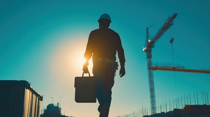 Construction worker walking towards the sun at a construction site, carrying a toolbox.