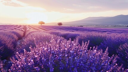 Fototapeta premium A lavender field at sunset with two trees in the middle.