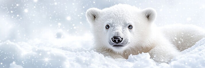 Polar bear cub resting in snow during winter in a serene Arctic landscape. Generative AI