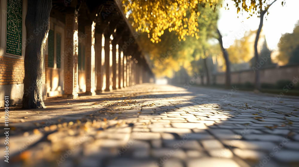 Aufkleber autumnal sunlight illuminates a cobblestone path lined with ancient colonnades and trees, creating a