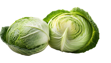 Fototapeta premium Close-up image of a whole green cabbage with a cut section showing intricate leaf patterns, presented on a clean white background. Isolated on white background