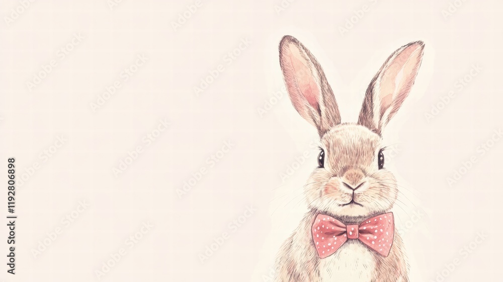 Poster charming illustration of a rabbit wearing a polka dot bow tie with a soft pastel background. generat
