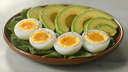 Close-up of a healthy breakfast plate with hard-boiled eggs, avocado slices, and spinach. The eggs are seasoned with black pepper and the image is sty