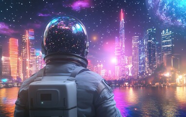 A vibrant rear view of an astronaut in a gray spacesuit