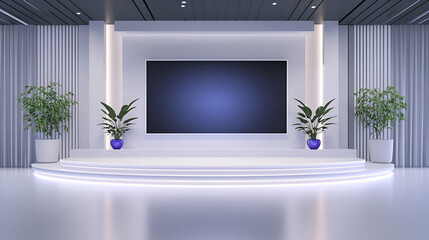 A modern virtual TV studio background with white walls and large tv screen for daytime talk shows. The overall design is minimalistic and inviting with two plants and a few emerald, sapphire and amyt