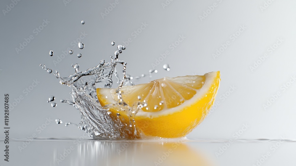 Poster lemon slice splashing into water, creating droplets and ripples