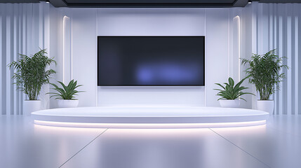 A modern virtual TV studio background with white walls and large tv screen for daytime talk shows. The overall design is minimalistic and inviting with two plants and a few emerald, sapphire and amyt