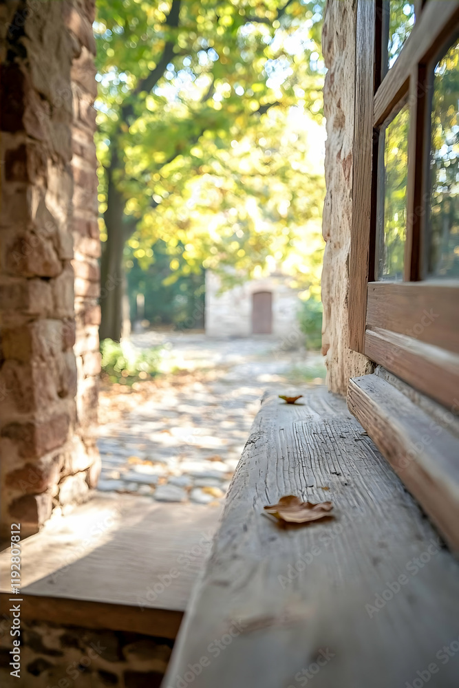 Aufkleber autumnal view through open window of stone building, showing cobblestone path and garden. ideal for 