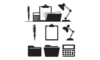 Black and white office supplies icons including lamps, calculators, and folders.