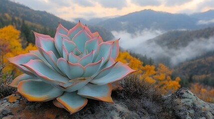 Echeveria succulent blooms against autumn mountain backdrop