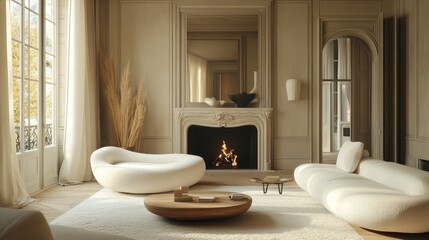 Serene Modern Living Room with Plush Cream Sofas and Fireplace