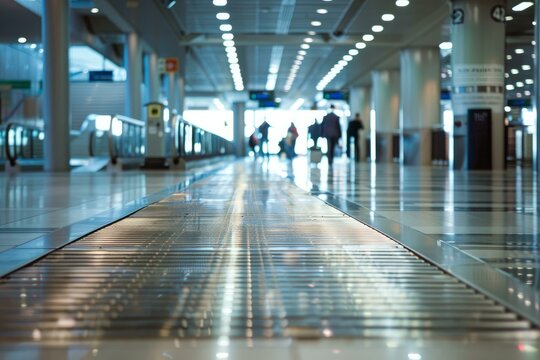 Empty moving walkway in a modern airport terminal with blurred business people walking in the background - Powered by Adobe