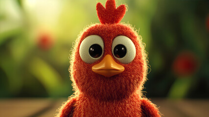 Fototapeta premium Fluffy Cartoon Chicken Character Made of Wool Surrounded by a Vibrant Natural Setting