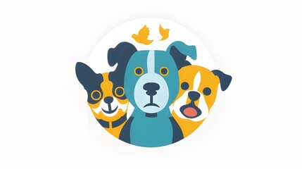 Obraz premium Friendly Vector Graphic Logo of Two Dogs and a Cat with Expressive Ears, Blue and Orange Colors, and Clouds Above. Simple Shapes for Animal Icon Design.