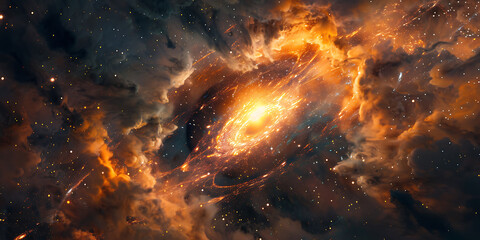 Vivid image of a fiery galaxy with orange and blue nebulae against the dark space background.