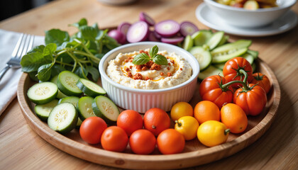 Vibrant hummus platter with fresh vegetables, healthy dining concept