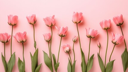 Obraz premium Beautiful pink tulips bloom on a white background, capturing the beauty of spring