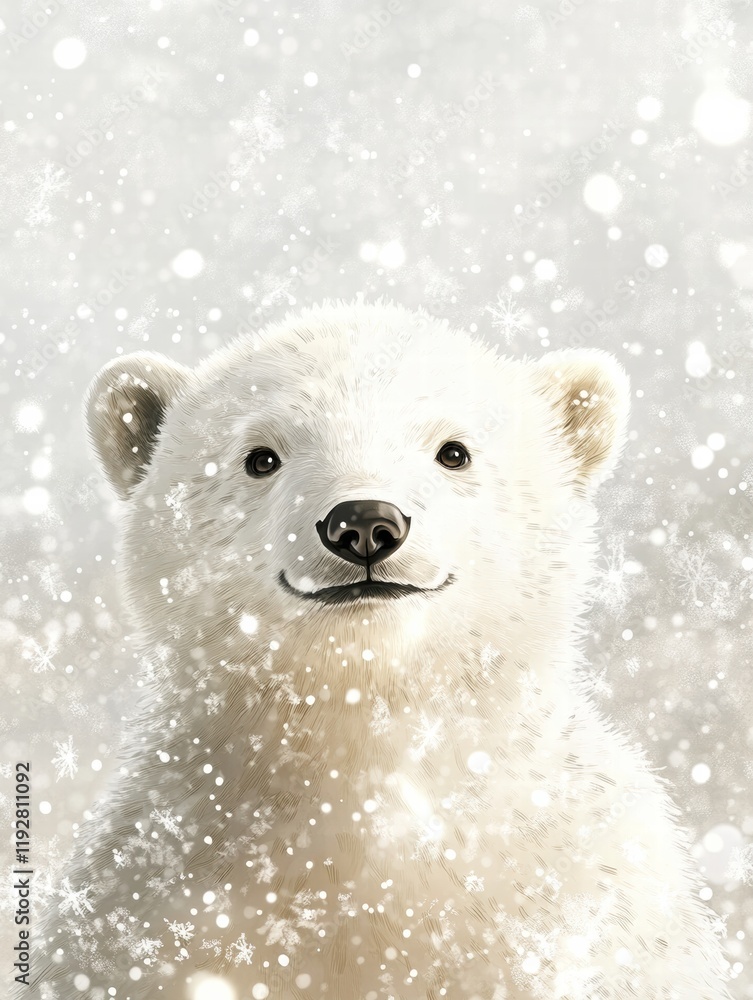 Aufkleber joyful polar bear cub plays in gentle snowfall while looking curiously at the camera in a serene win