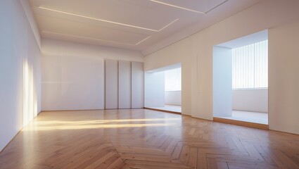 Obraz premium Bright and spacious interior with wooden flooring and large windows at sunset time